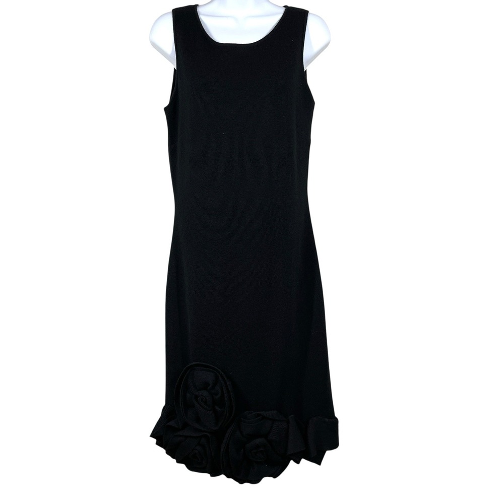 Etcetera 100% Wool Midi Dress Womens M Black Knit Sleeveless Floral Ruffle Hem
